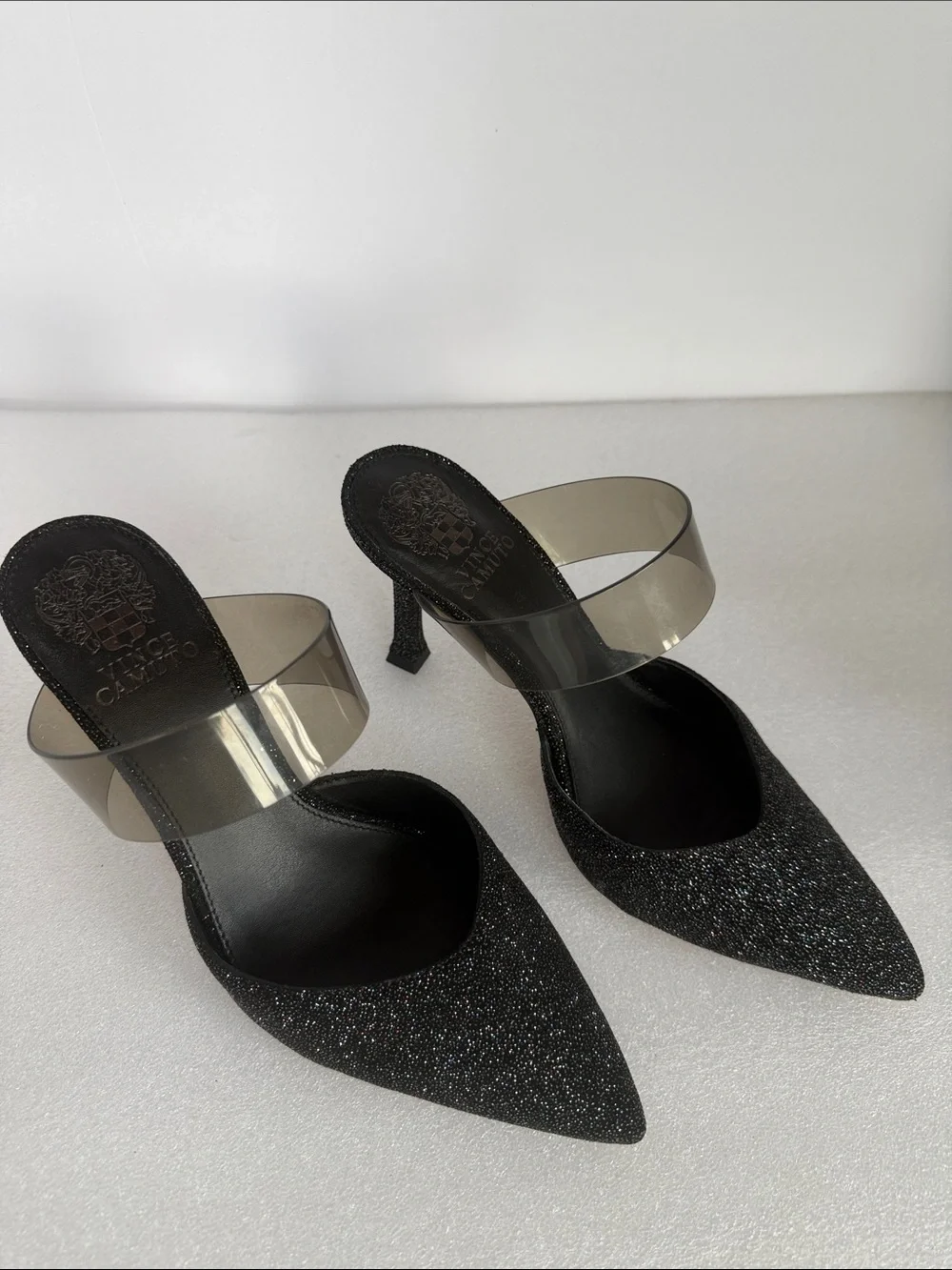 VINCE CAMUTO Kempern Black Glitter Pointed Toe Pumps Mule Heels Size 8